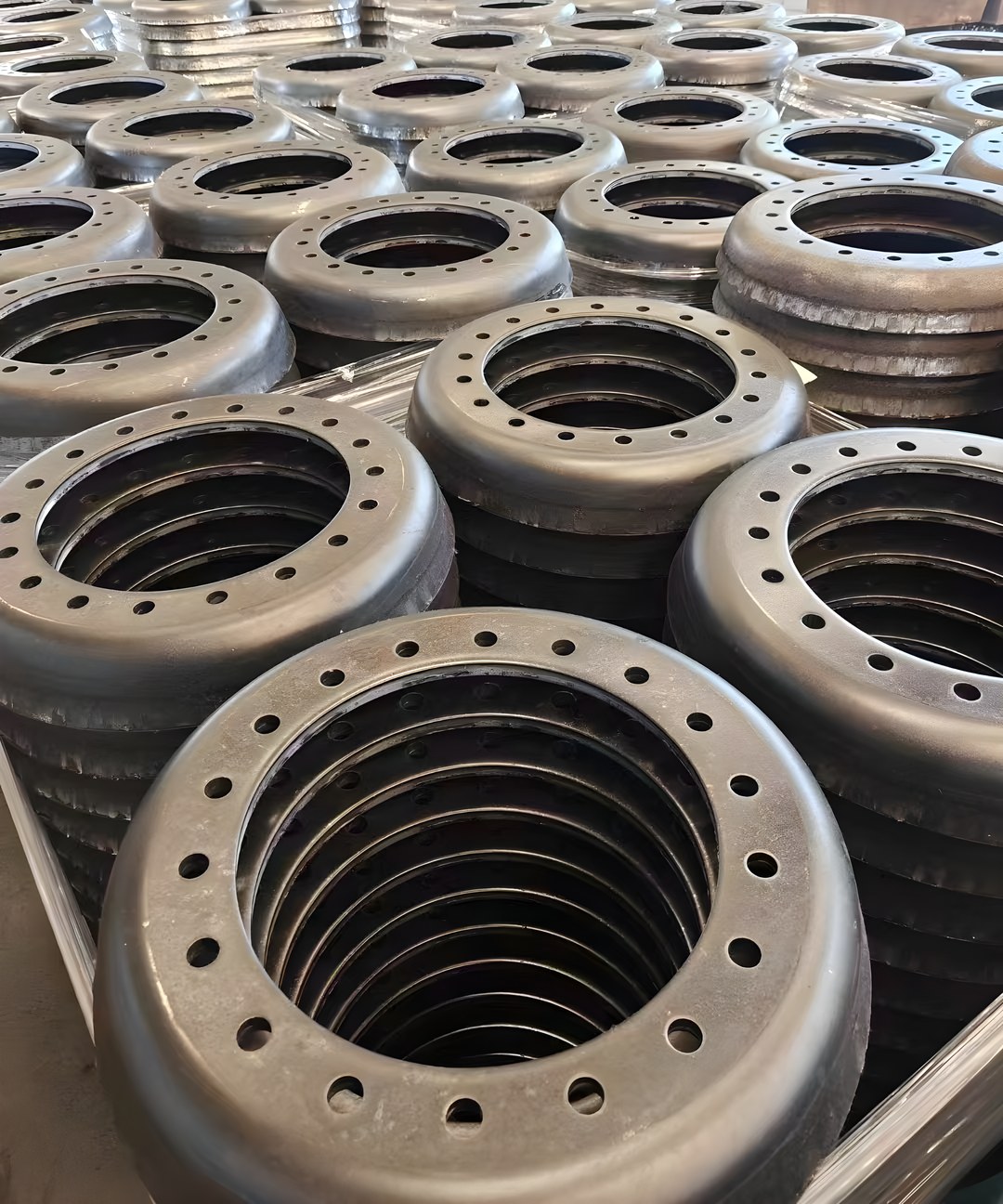 Stamped wheel discs stacked at the press line