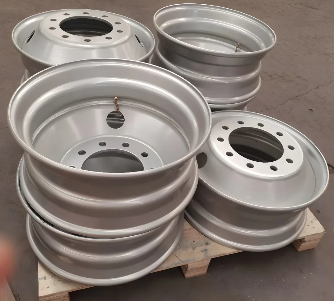Finished tubeless truck steel wheels stacked for dispatch